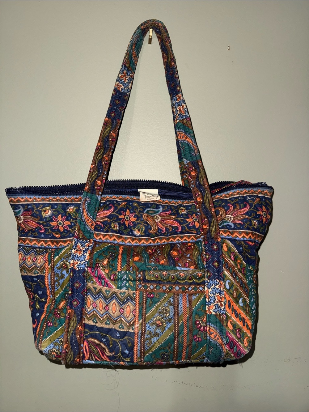 Vera Bradley Medley vintage pattern Tote — Navy, Green & Orange Multi